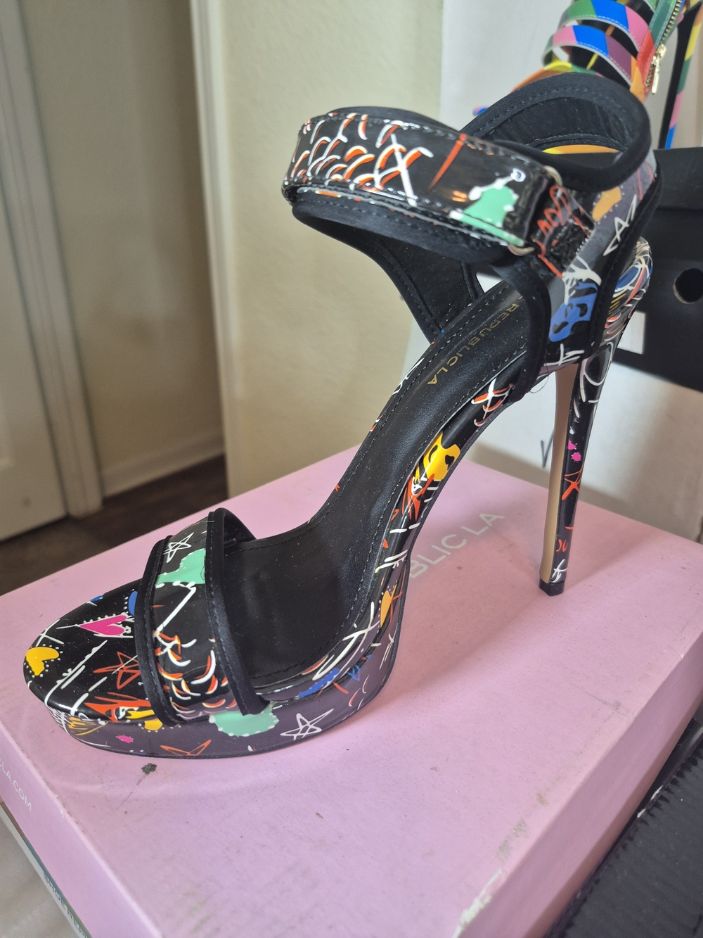 Shoe Republic LA Black Multicolor Graffiti Platform Stiletto Sandals